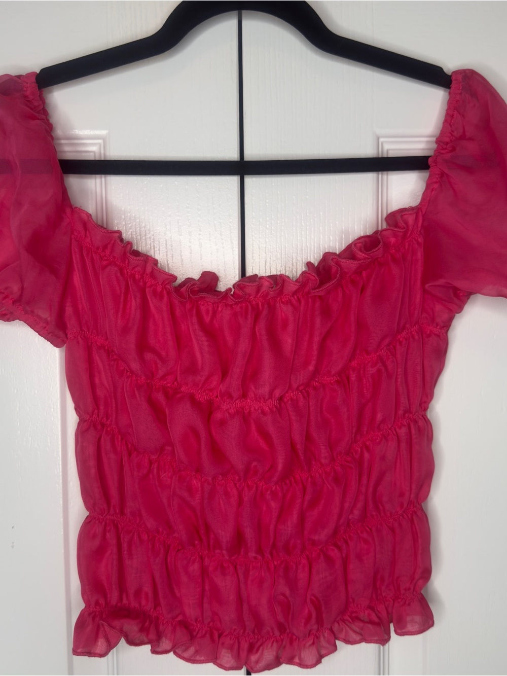 Choosy Pink Smocked Puff Sleeve Off Shoulder Crop Top Women’s XS Cottagecore